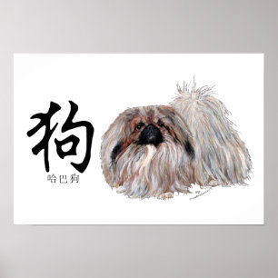 Kalligrafische HOND - Pekingees Poster
