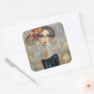 Kalm Blik van een Elegante Blauwe-Oog Lady Vierkante Sticker