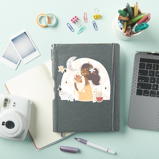 Kalm bruine gevilde boho vrouw bloemen maan sterre sticker (iPad Cover)
