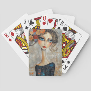 Kalm Gelaat van een Elegante Blauwoog Dame Pokerkaarten