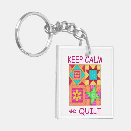 Kalm houden en kleurrijke patchworkblokken kantele sleutelhanger (Voorkant Links)