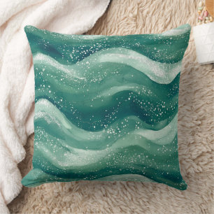Kalmerende Teal Waterverf Oceaan Golf Kunst Kussen