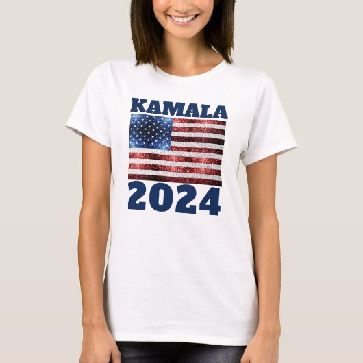 KAMALA 2024 USA vlag blauw rood faux sparkles teks T-shirt (Voorkant)