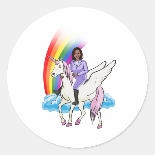 KAMALA HARRIS EENHOORN EN REGENBOOG RONDE STICKER (Voorkant)