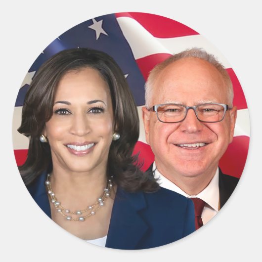 Kamala Harris en Tim Walz Ronde Sticker (Voorkant)