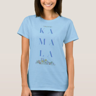 Kamala Harris met bloemen. Subtiel. Licht blauw T-shirt