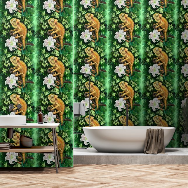 Kameleon in bladeren behang (Badkamer)