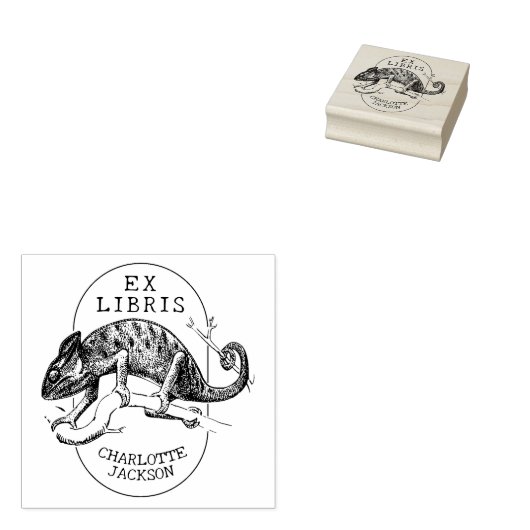 kameleon, modern ex libris boek 	rubberstempel (Gestempeld)