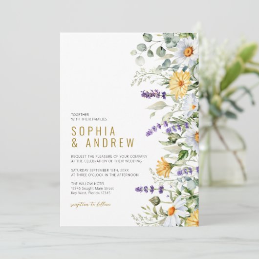 Kamille & Eucalyptus Wildbloemen Bruiloft Kaart (Staand voorkant)