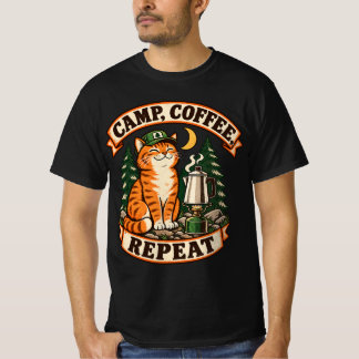 Kampeer Koffie Herhaal Camping Kat T-shirt voor en