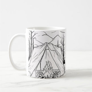Kampeer Tent Kampvuur Lijn Kunst T-shirt Outdoor A Koffiemok