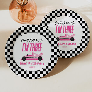 Kan me niet vangen Roze Race Auto 3e Verjaardagsfe Papieren Bordje