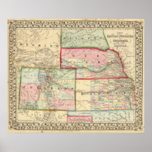 Kan, Neb, Colo Map door Mitchell Poster