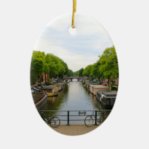 Kanaal, bruggen, fietsen, boten, Amsterdam, Nederl Keramisch Ornament