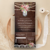 Kaneel Roos Bloemen Mason Jar Rustiek Hout Bruilof Drieluik Uitnodiging