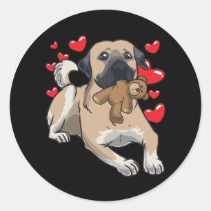 Kangal hond met knuffeldier en veel harten ronde sticker
