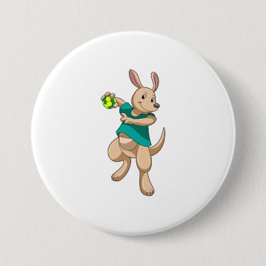 Kangaroo als handbalspeler met handbal ronde button 7,6 cm (Voorkant)