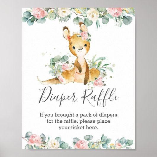 Kangaroo Floral Greenery Baby shower Diaper Raffle Poster (Voorkant)
