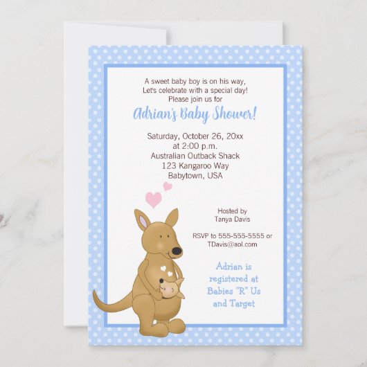 Kangaroo garçon Baby shower Invitation Bleu (Devant)