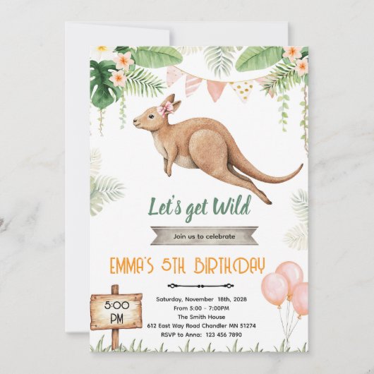 Kangaroo girl birthday invitation kaart (Voorkant)