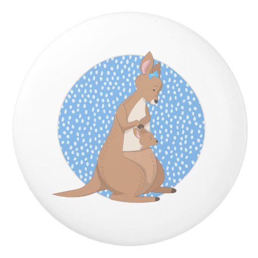 Kangaroo mammie en Baby Joey over Blauw Patroon Keramische Knop (Voorkant)