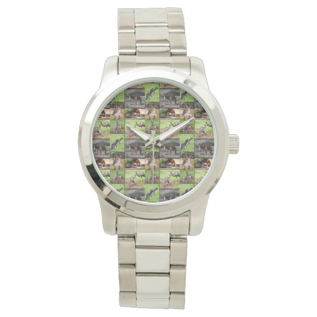 Kangaroo Photo Collage, Large Silver Unisex Watch Horloge (Voorkant)