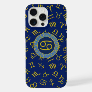Kanker Zodiac+Astrology Symbolen Patroon Gold+Blue iPhone 15 Pro Max Hoesje