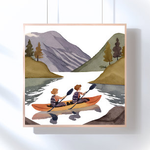 Kano-vaart op het meer Berg Natuur Aquarel Poster