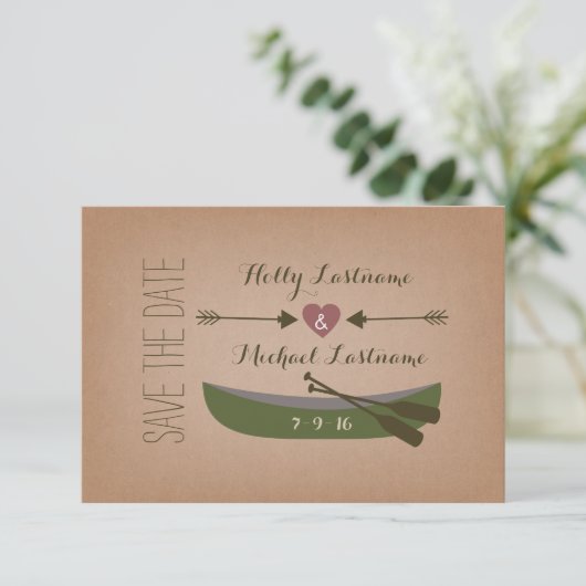 Kanoe + pijlen met hartslag sparen de datum save the date (Staand voorkant)