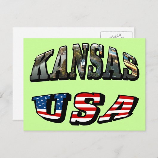 Kansas Afbeelding en USA Flag Font Briefkaart (Voorkant / Achterkant)