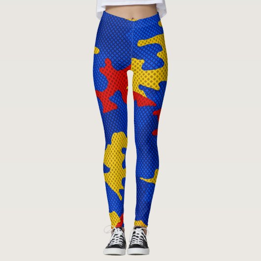 Kansas Blue Red Yellow Vibrant Camo Pattern Leggings (Voorkant)
