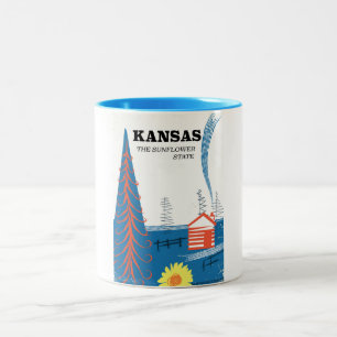 Kansas "de zonnebloem staat" vintage reisposter tweekleurige koffiemok