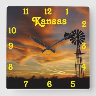 Kansas Golden Sunset Square Wall klok