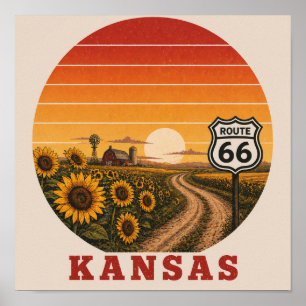 Kansas Route 66 Zonnebloem Zonsondergang Poster