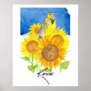 Kansas Staatsvorm Weideleeuwerik Zonnebloemen Poster
