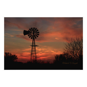 Kansas Sunset met een Windmolen Foto Vergroting Afdruk