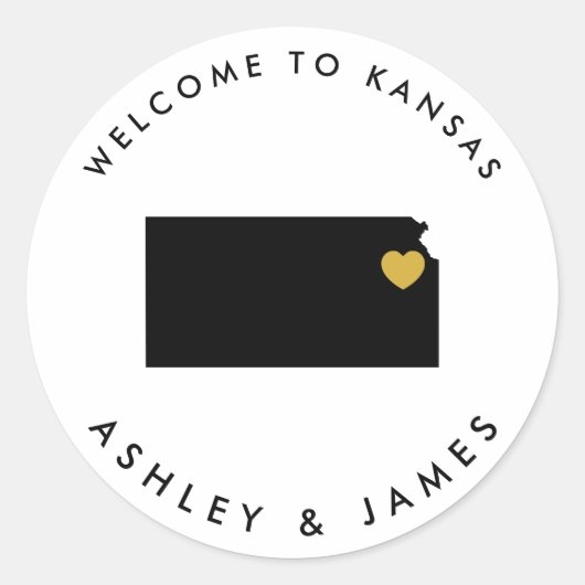 Kansas Wedding Welcome Sticker Label, zwart & goud (Voorkant)