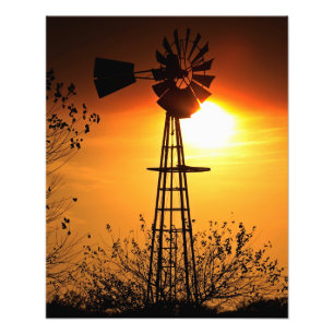 Kansas Windmill Silhouette Sunset Foto Afdruk