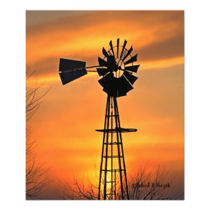 Kansas Windmill Silhouette Sunset met wolken Foto Afdruk