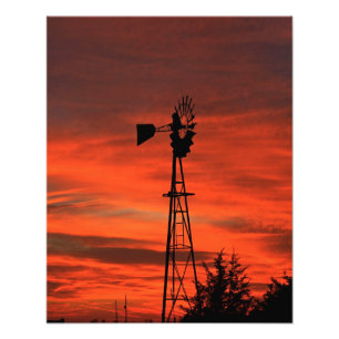 Kansas Windmill Silhouette Sunset met wolken Foto Afdruk