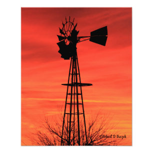 Kansas Windmill Silhouette Sunset met wolken Foto Afdruk