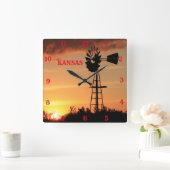 Kansas Windmill Silhouette Sunset Vierkante Klok (Huis)
