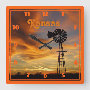 Kansas Windmill Silhouette Sunset Vierkante Klok
