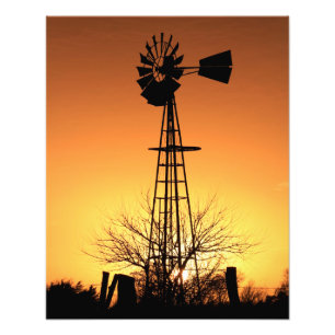 Kansas Windmill Silhouette Sunset with clouds Phot Foto Afdruk
