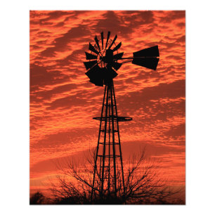 Kansas Windmill Silhouette Sunset with clouds Phot Foto Afdruk