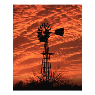 Kansas Windmill Silhouette Sunset with clouds Phot Foto Afdruk