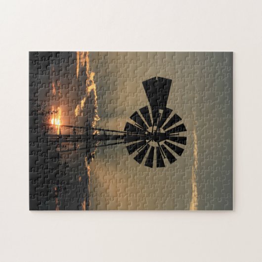 Kansas Windmill Sunset With Sun Rays Jigsaw Puzzle (Horizontal)