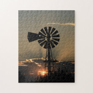 Kansas Windmill Sunset with Sun Rays Jigzaag Puzzl Legpuzzel