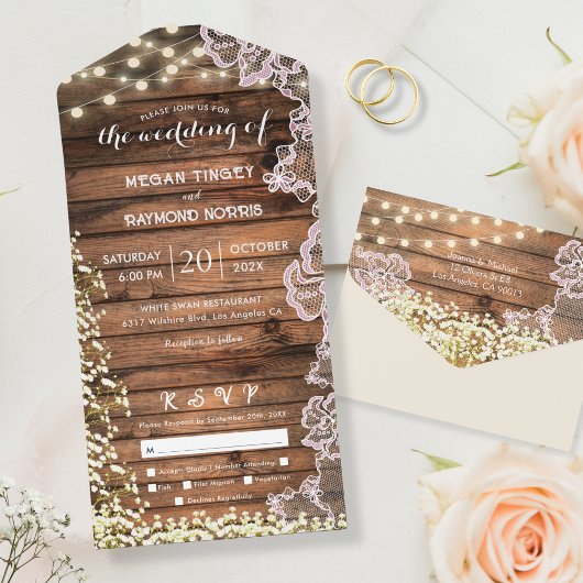 Kant Baby's Breath & String Lights Rustieke bruilo All In One Uitnodiging