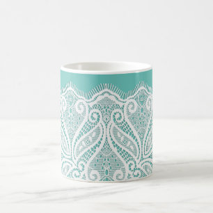 Kant doily blauwgroen wit  ouderwets koffiemok